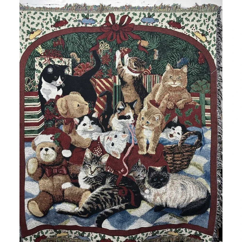 Whimsical Cat Christmas Scene‎ Woven Throw Blanket- vintage